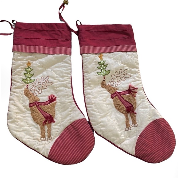 Reindeer Quilted & Embroidered Christmas Jingle Bells Stockings (2) - Picture 1 of 6